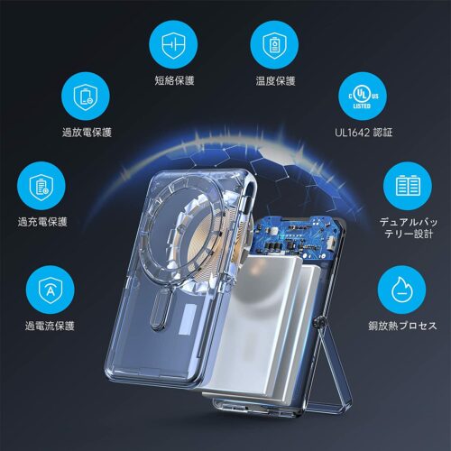 Euker マグネットモバイルバッテリー 10000mAh 大容量 軽量 スタンド付 ワイヤレス充電器 急速充電 PD対応 iPhone13 iPhone12シリーズ MagSafe PSE認証済 I13 - 画像 (4)