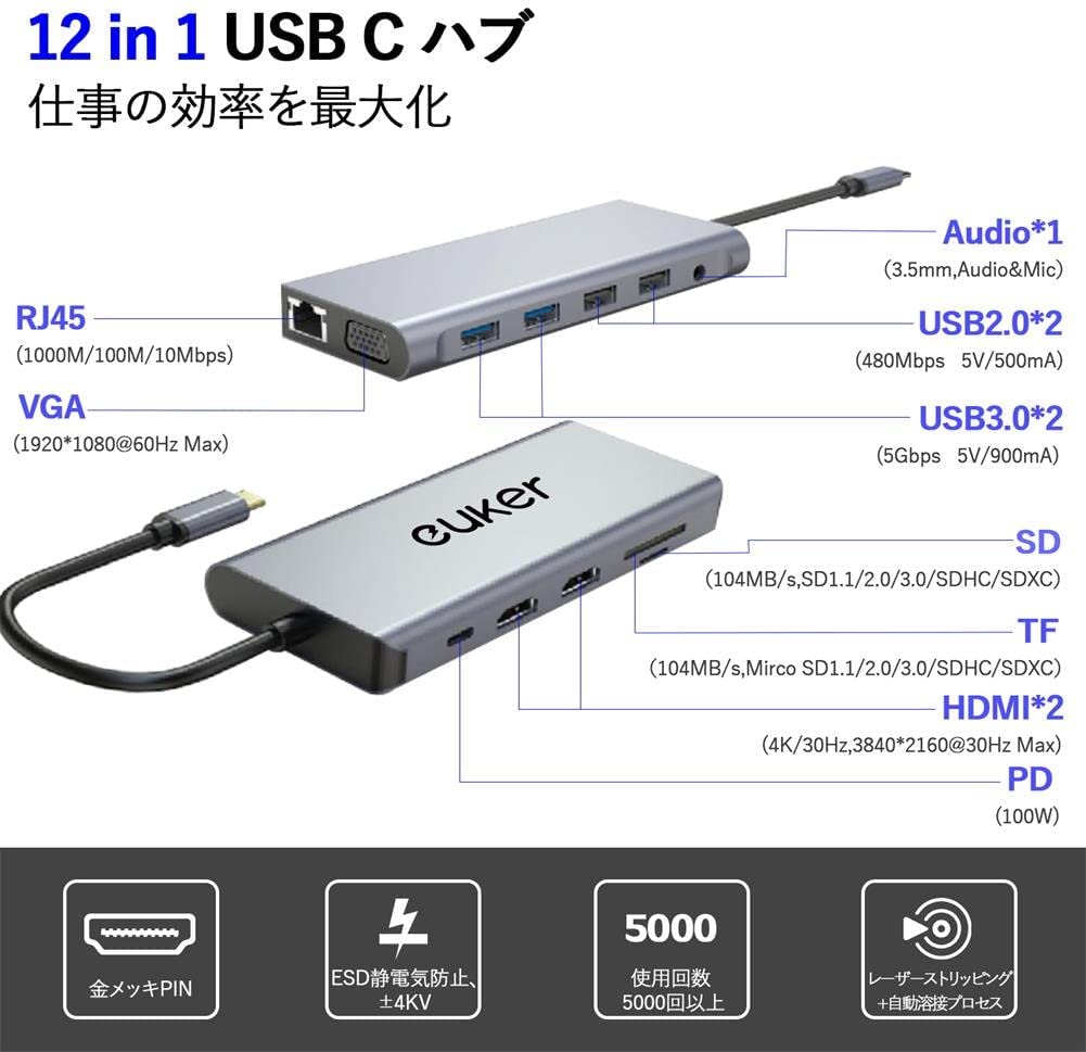PC/タブレット その他 Euker 【12in1】 USBハブ Type-C USB3.0 ドッキングステーション HDMI 