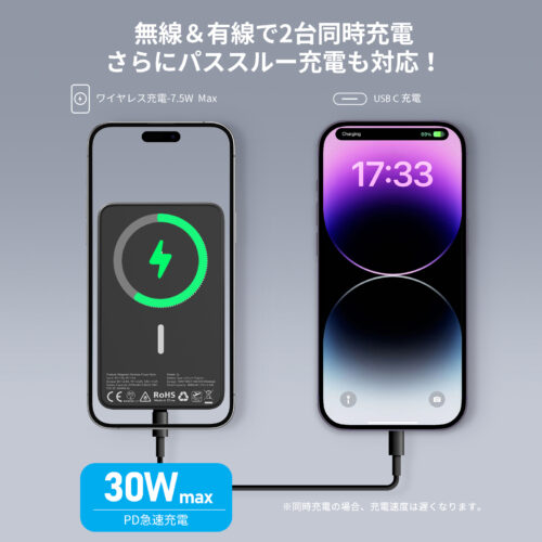 Euker マグネットモバイルバッテリー 10000mAh 大容量 軽量 スタンド付 ワイヤレス充電器 急速充電 PD対応 iPhone13 iPhone12シリーズ MagSafe PSE認証済 - 画像 (2)