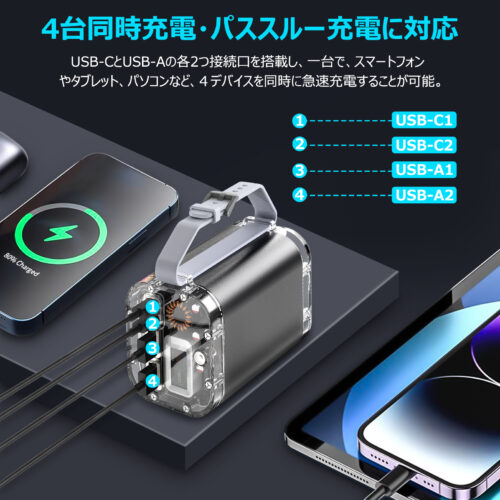 Euker モバイルバッテリー 大容量 40000mah 急速充電 最大出力100W ポータブルバッテリー Type-A Type-C ノートPC ディスプレイ 懐中電灯 PSE認証済 - 画像 (3)