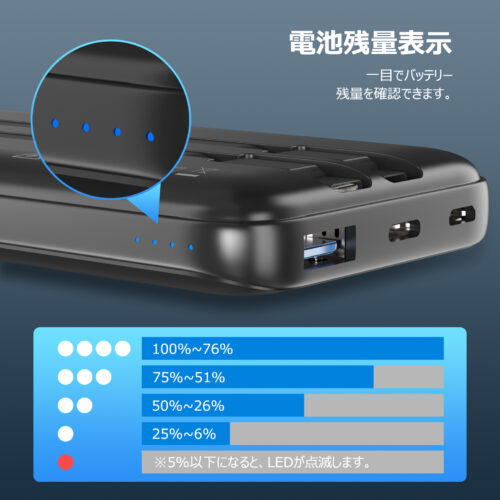 Euker モバイルバッテリー ケーブル内蔵 大容量 薄型 10000mah iPhone Android type-c 4台同時充電 ケーブル付き PSE認証済 - 画像 (7)