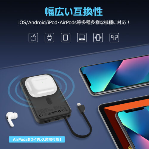 Euker モバイルバッテリー マグネット ケーブル兼用 magsafe iPhone type-c 大容量 急速充電 軽量 10000mAh 20W PD急速充電 ワイヤレスモバイルバッテリー PSE認証済 - 画像 (6)