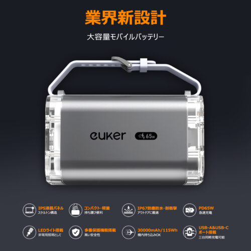 Euker モバイルバッテリー 大容量 急速充電 PD65W 30000mah パワーバンク ポータブルバッテリー PSE認証済 - 画像 (2)
