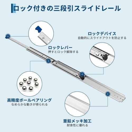 スライドレール 1400mm 幅76mm ロック付き かんぜんな拡張ボール伸縮式 3段引き 耐荷重100kg 左右1セット - 画像 (2)