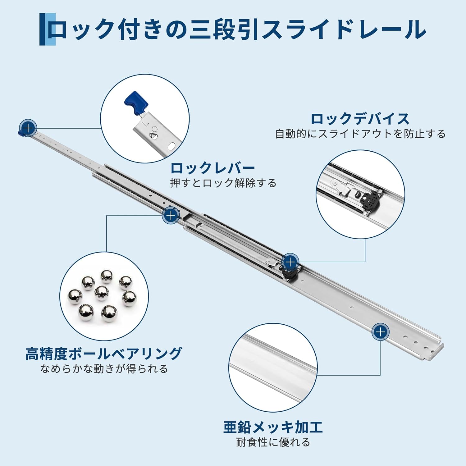 スライドレール 1400mm 幅76mm ロック付き かんぜんな拡張ボール伸縮式 3段引き 耐荷重100kg 左右1セット - 画像 (2)