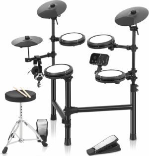電子ドラム セット メッシュパット 折りたたみ式 小型 MIDI機能 AUX 4ドラム 3シンバル 150種音色 スティック 防音性能 USB ヘッドホン付き ドラムスローン付き 自宅練習 プレゼント 子供 初心者