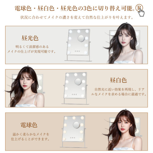 女優ミラー 卓上ミラー 化粧鏡 ハリウッド LED電球9個付き 10倍拡大鏡付き 3色調色 360度回転 組立不要 無段階調光（25×30Cm） - 画像 (4)
