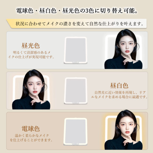 女優ミラー LEDライト付き 卓上 化粧鏡 折立鏡 無段階調光 3色調色 10倍拡大Miniミラー付 角度調整可能 （ホワイト） - 画像 (3)