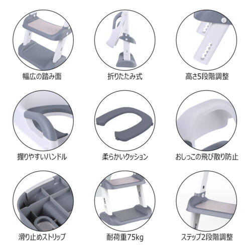 補助便座 トイレトレーナー ステップ付き レトレーニング 踏み台 折りたたみ 子供用 トイレ アラウーノ対応 グレー - 画像 (2)