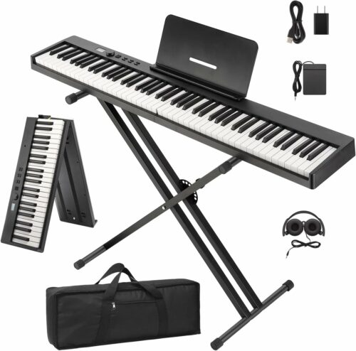 電子ピアノ 88鍵盤 キーボード 折り畳み 128種音色 MIDI対応 コンパクト 軽量 生ピアノと同じ鍵盤サイズ 充電型 ペダル/練習用イヤホン/専用ケース付き スタンドセット