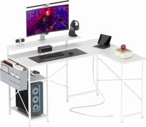 L字デスク パソコンデスク ゲーミングデス L字 幅120Cm コンセント付き 左棚右棚入れ替え 収納ラック付き 省スペース 組立簡単 テレワーク ホワイト