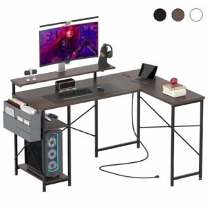 L字デスク ゲーミングデス L字 幅120cm パソコンデスク コンセント付き 左棚右棚入れ替え 収納ラック付き 省スペース 組立簡単 テレワーク ダークブラン