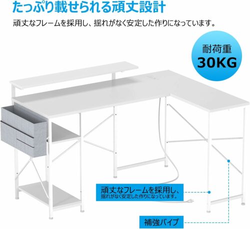 L字デスク パソコンデスク ゲーミングデス L字 幅120Cm コンセント付き 左棚右棚入れ替え 収納ラック付き 省スペース 組立簡単 テレワーク ホワイト - 画像 (3)