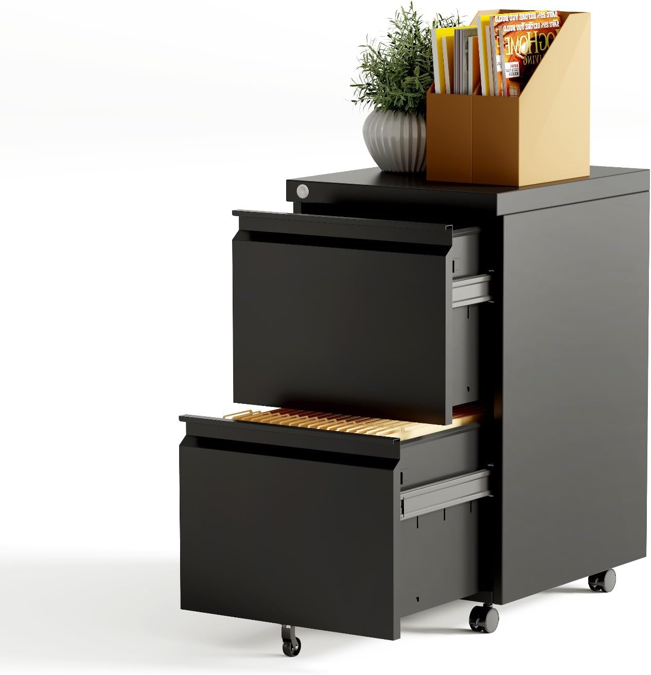 スチールサイドワゴン デスクワゴン キャビネット オフィスワ ファイルキャビネット 鍵付き 2段オールロック機能 スチール製 袖机 机下収納 A4対応 キャスター付き 可動式キャビネット