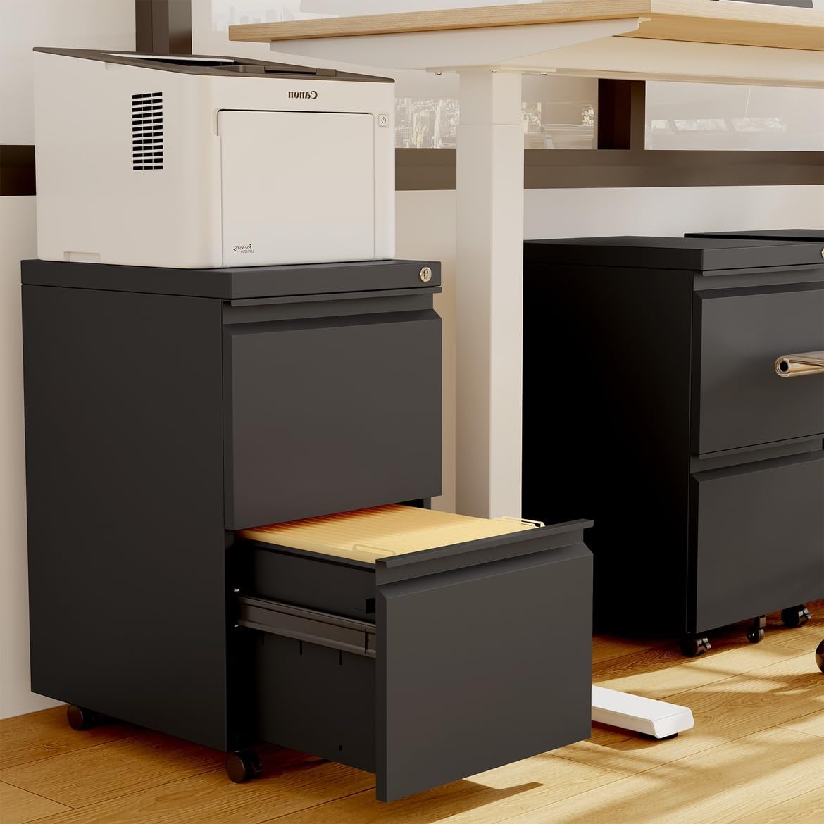 スチールサイドワゴン デスクワゴン キャビネット オフィスワ ファイルキャビネット 鍵付き 2段オールロック機能 スチール製 袖机 机下収納 A4対応 キャスター付き 可動式キャビネット - 画像 (2)