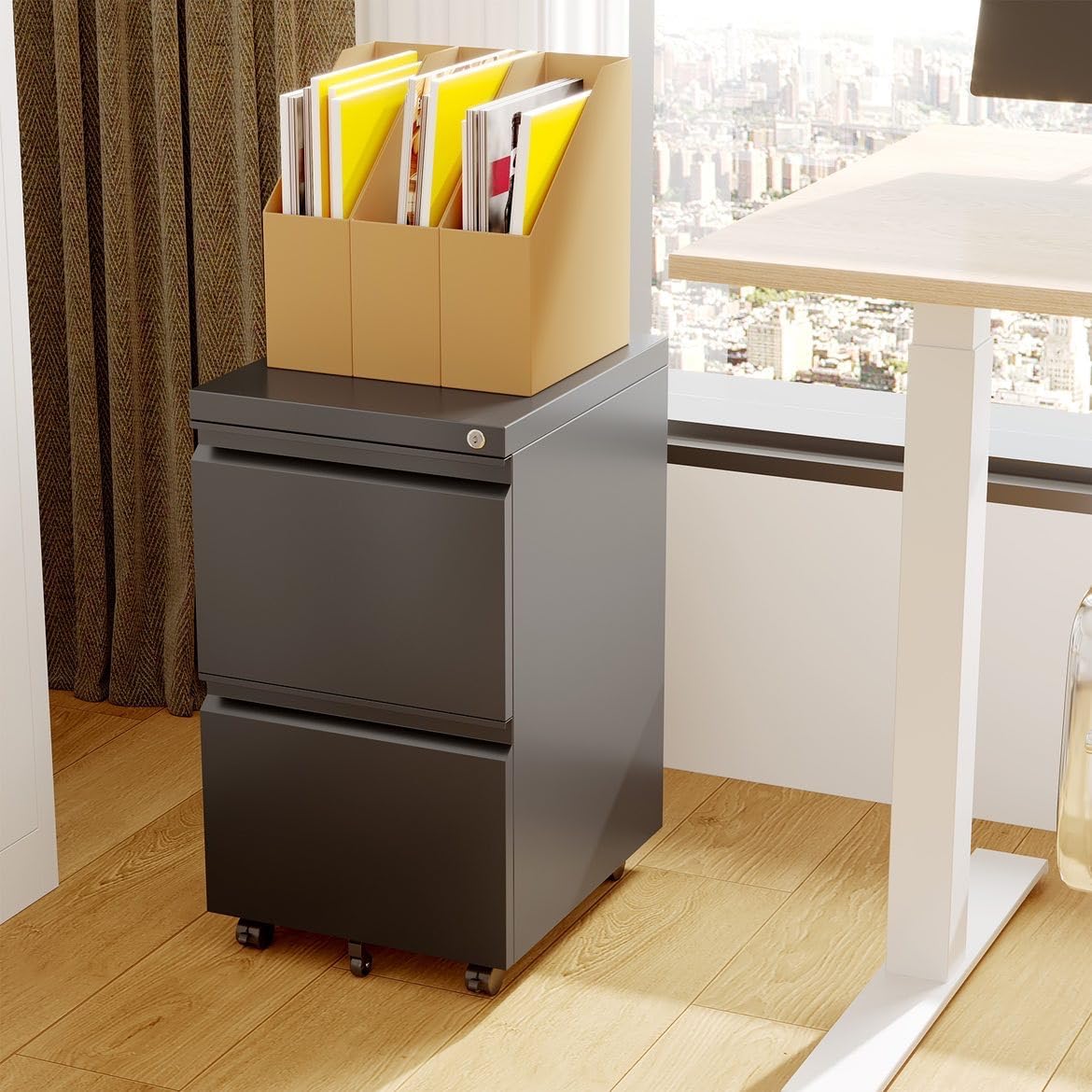 スチールサイドワゴン デスクワゴン キャビネット オフィスワ ファイルキャビネット 鍵付き 2段オールロック機能 スチール製 袖机 机下収納 A4対応 キャスター付き 可動式キャビネット - 画像 (8)