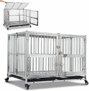 犬ケージ ペットケージ 折りたたみ ステンレス製 キャスター付き トレー付き 大型犬 中型犬 屋根付き 頑丈 ロック可能