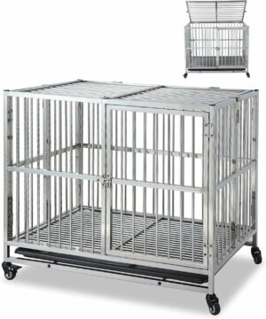 犬ケージ ペットケージ 折りたたみ ステンレス製 キャスター付き トレー付き 中型犬 屋根付き 頑丈 ロック可能