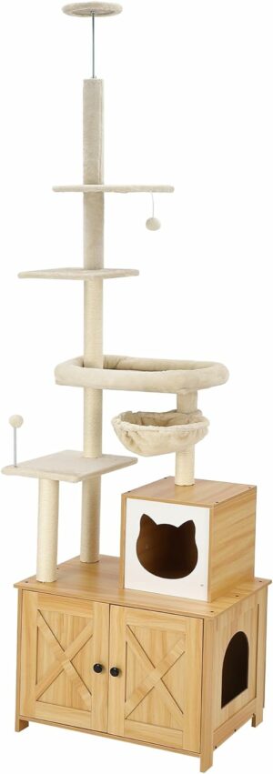 キャットタワー 猫トイレ収納 目隠し 爪とぎ 突っ張り 大型猫 爪とぎ 木製 230Cm~260Cm スリム 省スペース おしゃれ 多頭飼い ハンモック 猫砂飛散防止