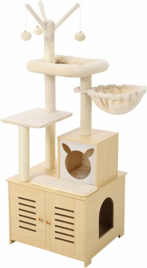 猫タワー キャットタワー 木製 猫トイレ収納 目隠し 据え置き型 展望台 大型猫用 出入口左右設置可 157Cm ハンモック付 爪とぎ 多頭飼い 猫砂飛散防止 天然麻紐 省スペース ベージュ