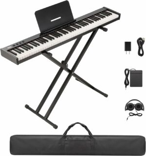 電子ピアノ 88鍵盤 Midi対応 キーボード スリムデザイン 充電型 コンパクト 持ち運び 軽量 初心者 日本語取扱説明書 Ph88S ブラック スタンドセット