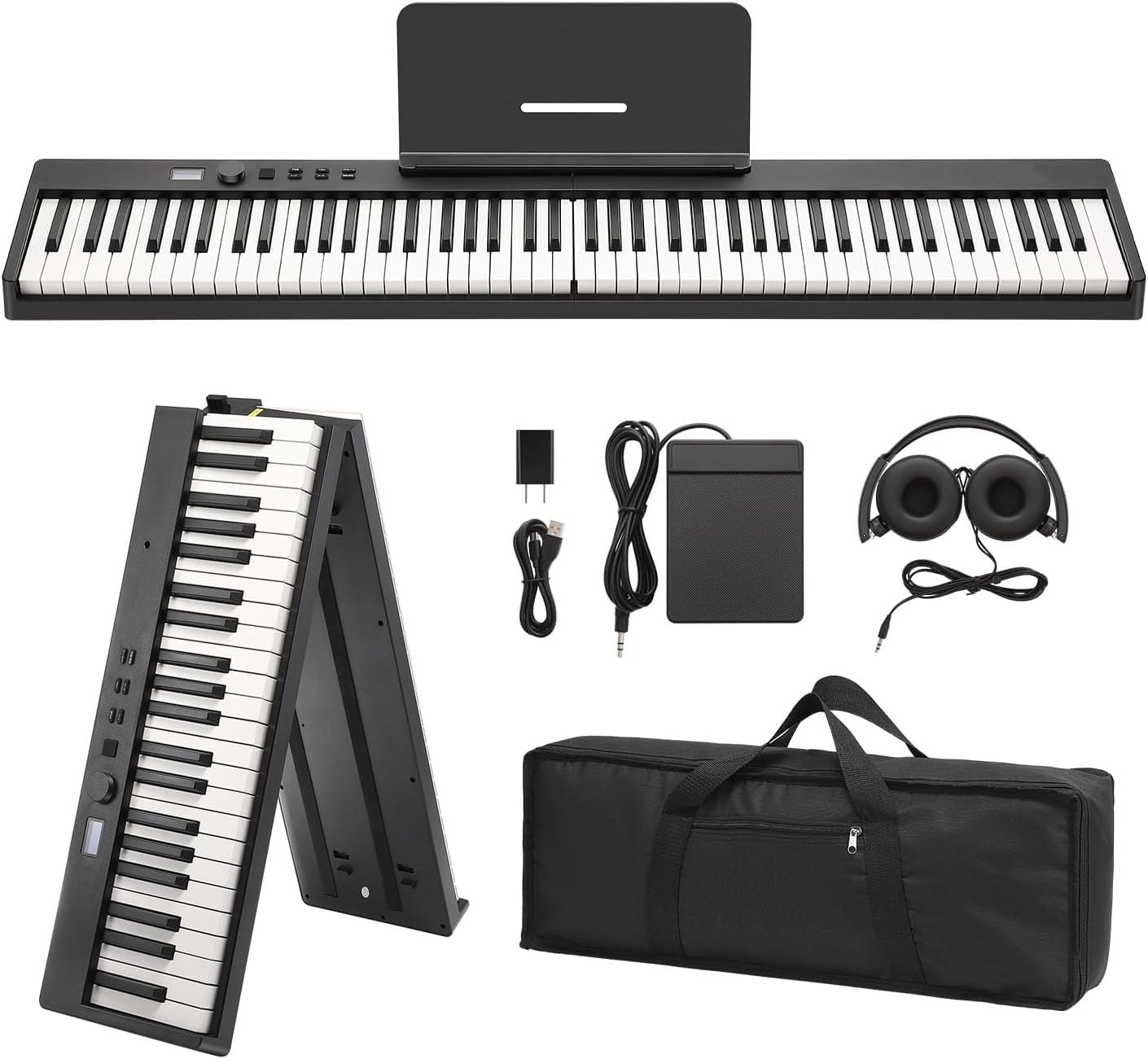 電子ピアノ 88鍵盤 キーボード 折り畳み 128種音色 MIDI対応 コンパクト 軽量 生ピアノと同じ鍵盤サイズ 充電型 ペダル/練習用イヤホン/専用ケース付き