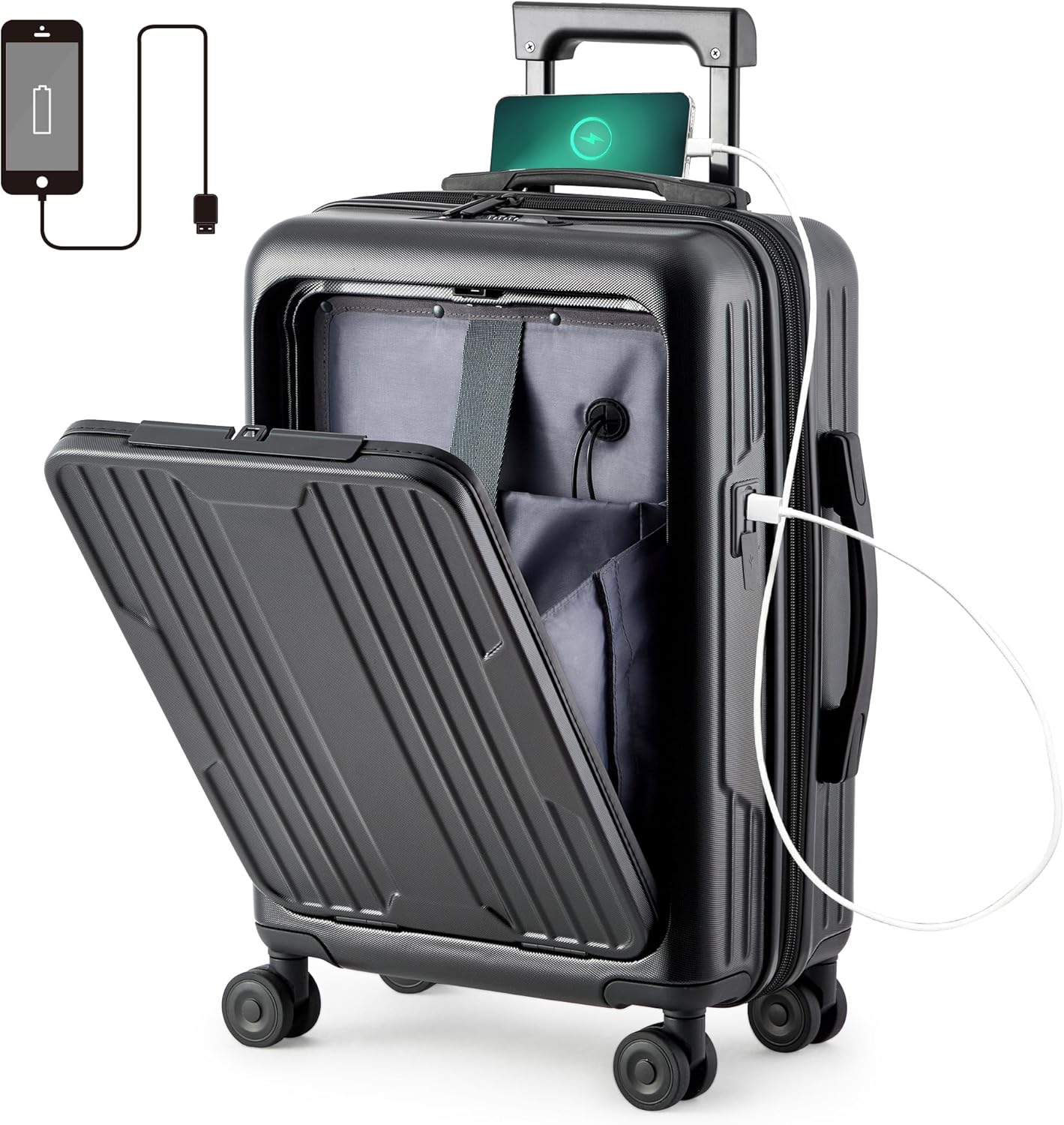 ベラクシー スーツケース 機内持ち込み キャリーケース フロントオープン USBポート付き 隠しフック 拡張機能付 耐衝撃 多機能 静音 超軽量 360度回転 TSAローク ビジネス 出張 旅行 修学 (Sサイズ/44L/ブラック/1~3泊)