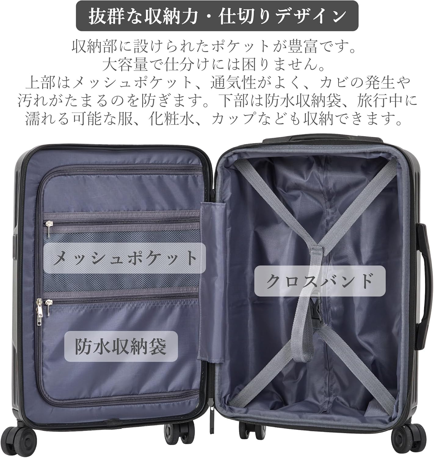 ベラクシー スーツケース 機内持ち込み キャリーケース フロントオープン USBポート付き 隠しフック 拡張機能付 耐衝撃 多機能 静音 超軽量 360度回転 TSAローク ビジネス 出張 旅行 修学 (Sサイズ/44L/ブラック/1~3泊) - 画像 (3)