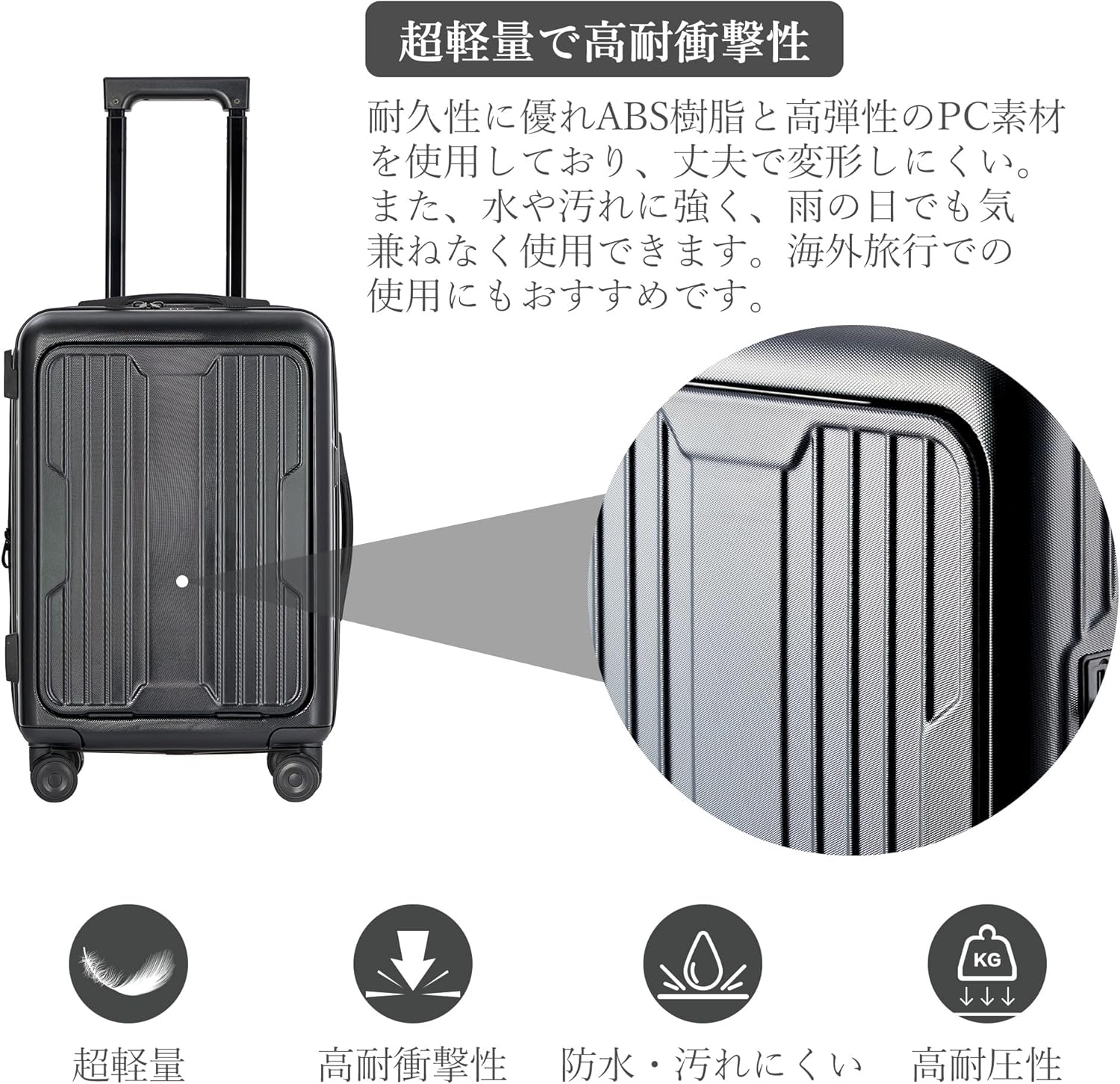 ベラクシー スーツケース 機内持ち込み キャリーケース フロントオープン USBポート付き 隠しフック 拡張機能付 耐衝撃 多機能 静音 超軽量 360度回転 TSAローク ビジネス 出張 旅行 修学 (Sサイズ/44L/ブラック/1~3泊) - 画像 (6)