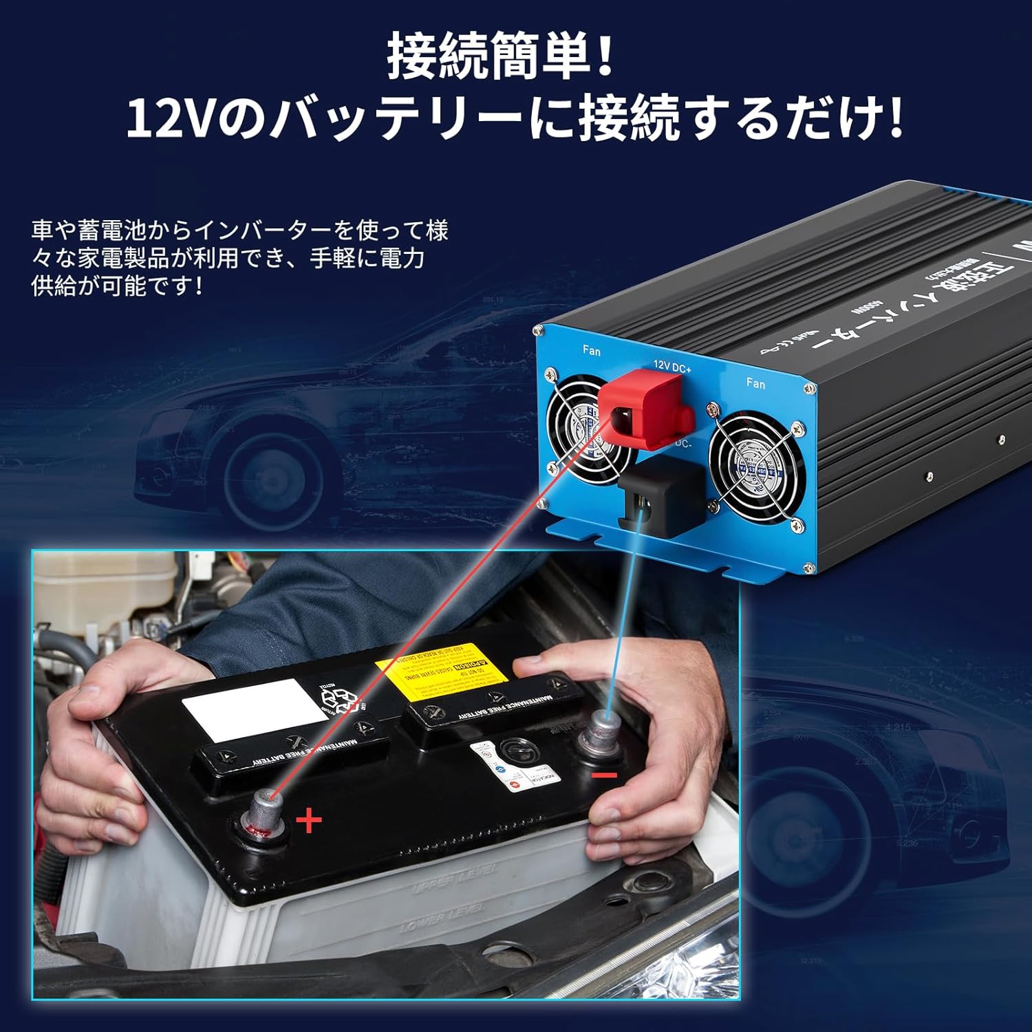 インバーター 正弦波2000W 12V 100V 瞬間出力4000W 純正弦波 DC12直流をAC100V交流に変換 50/60Hz カーインバーター 電圧表示 多重保護 防災 地震 車中泊 災害グッズ 自動車 停電対策 【日本語取説付き】 - 画像 (4)
