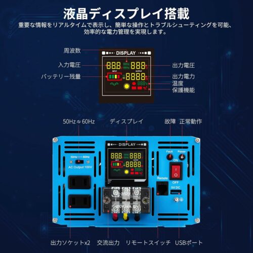 インバーター 正弦波2000W 12V 100V 瞬間出力4000W 純正弦波 DC12直流をAC100V交流に変換 50/60Hz カーインバーター 電圧表示 多重保護 防災 地震 車中泊 災害グッズ 自動車 停電対策 【日本語取説付き】 - 画像 (5)
