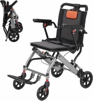 車椅子 介助型 介助用車椅子 折り畳み車椅子 小型 自立できる 軽量 アルミ製 ブラック コンパクト ノーパンクタイヤ 折りたたみ 収納可能 超軽量