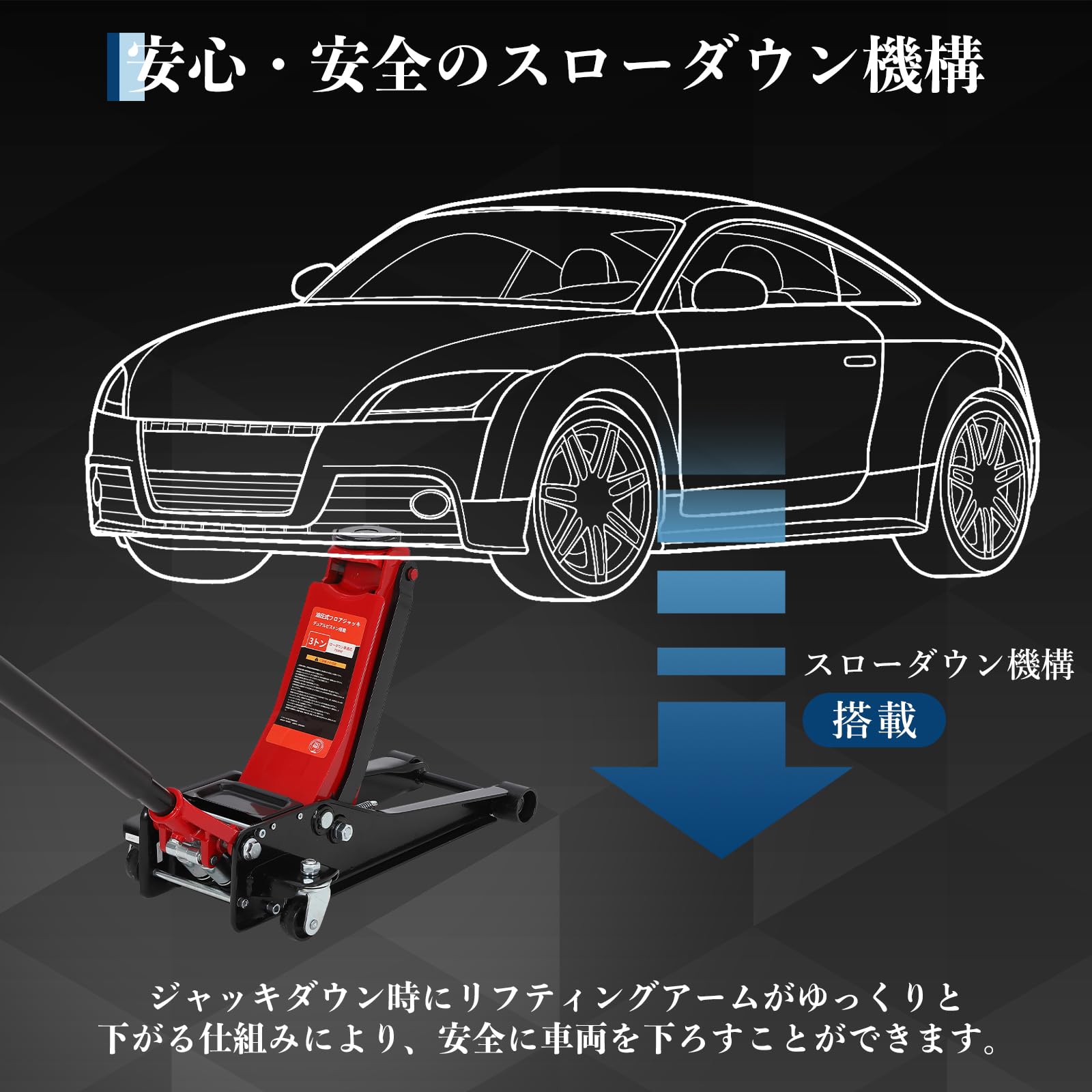 油圧式 フロアジャッキ 3t ガレージジャッキ 最低位75mm 最高位 500mm コンパクト 低床 ローダウン 車 高耐久 タイヤ交換 自動車整備 SUV ゴムパッド付き レッド スチール製 - 画像 (8)