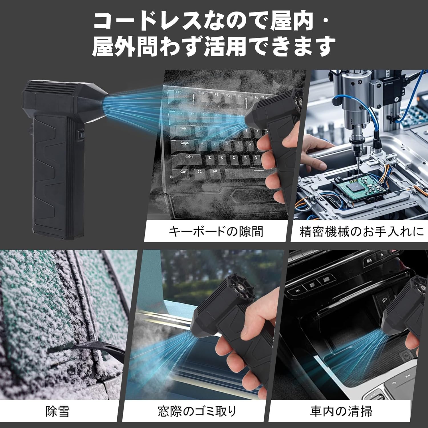 エアダスター 電動エアダスター ブラシ付属 収納袋付き 無段階風量調整 最大風速 52m/s 強力 4000MAh 大容量バッテリー 130000RPM 軽量 USB 充電式 コードレス 小型 多用途 - 画像 (8)